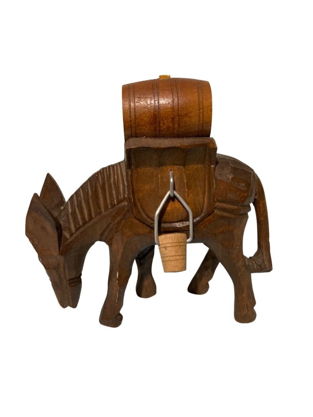 Vintage Hand Carved Wooden Donkey Figurine with Barrel Folk Art Sculpture